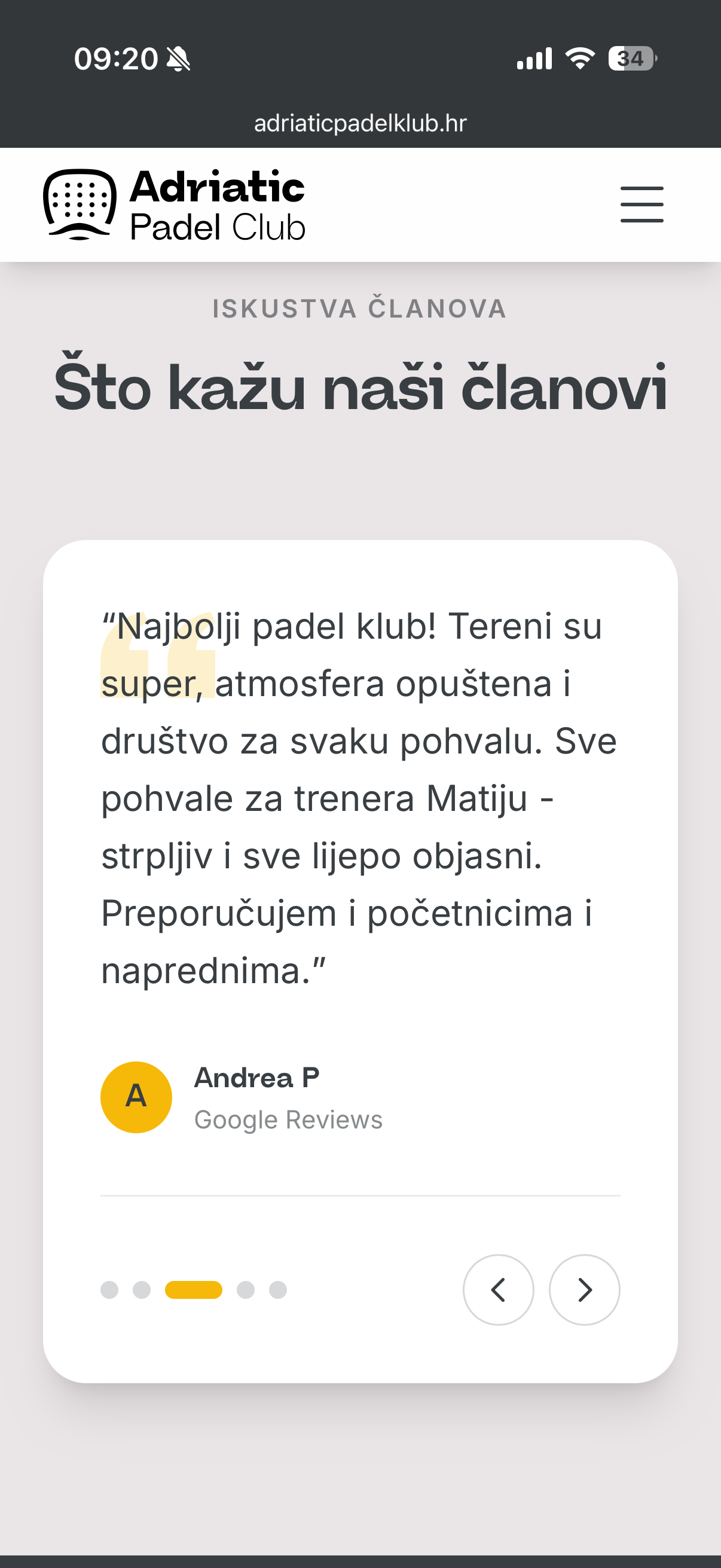 Adriatic Padel Klub · mobilni prikaz 3